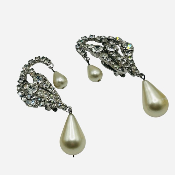 Vintage Marvella Ear Climber Rhinestone Pearl Drop Earrings - Picture 3 of 7
